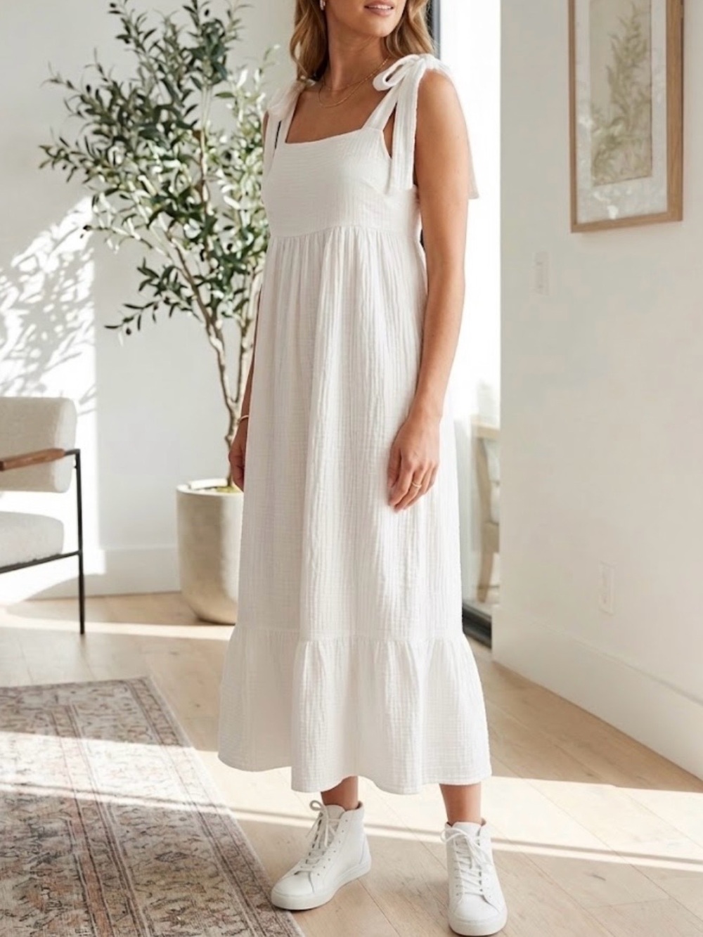 Shein White Tie-Strap Tiered Gauze Midi Dress
Sz S